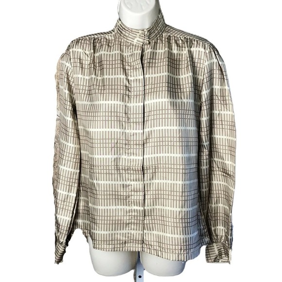 Shapely Vintage Button Up High Neck Blouse Shirt ~ Sz 8 ~ Beige ~ Long Sleeve - Picture 1 of 5